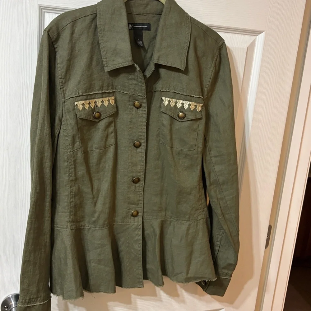 INC Linen Olive Green Women's Jacket - Peplum Waist - Large EUC Safari Style
